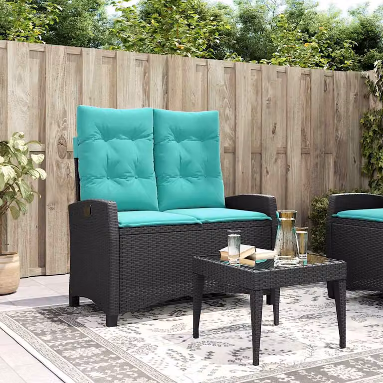 vidaXL Panca Reclinabile da Giardino in Polyrattan e Metallo con Cuscini Neri e Turchesi