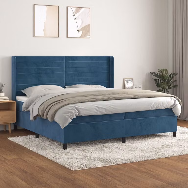 The Living Store Letto a molle con materasso blu scuro 200x200 cm in velluto