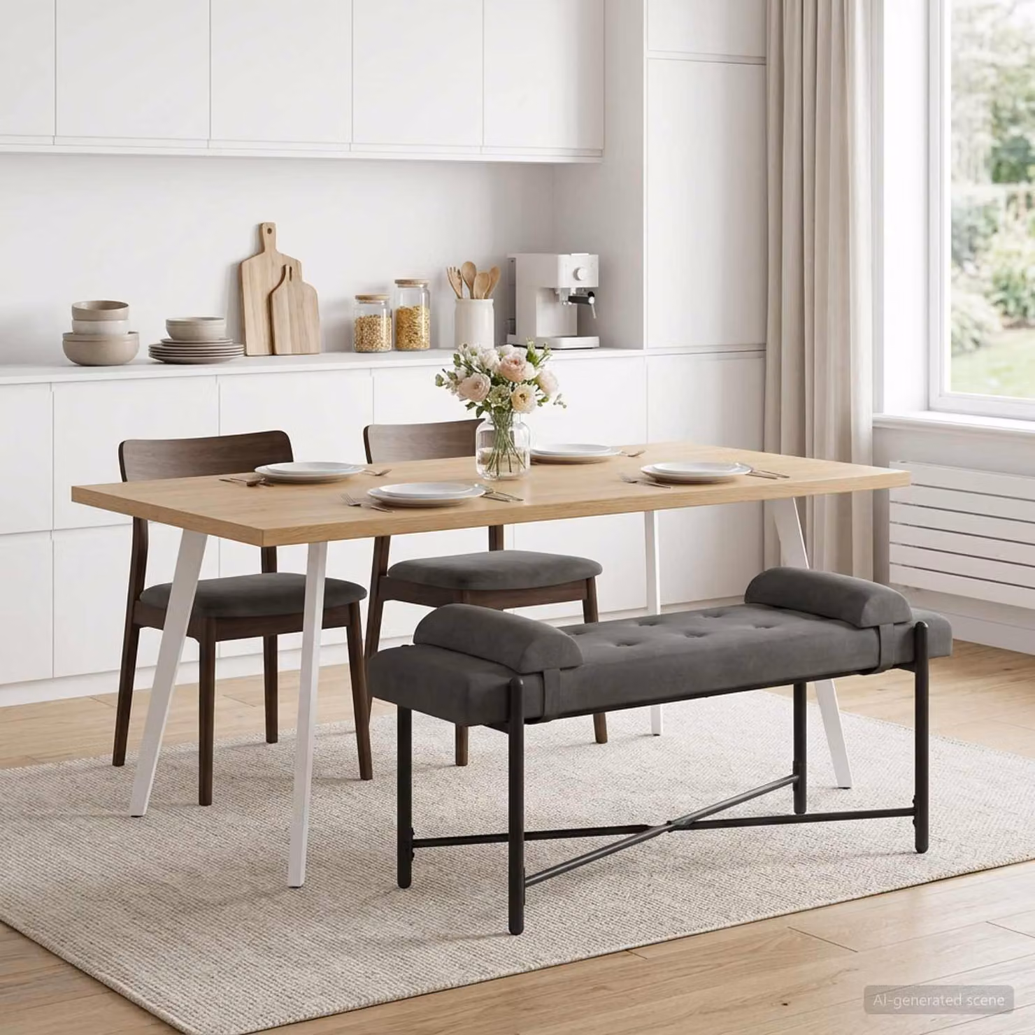 Panchina moderna vidaXL in velluto grigio con bottoni e cuscini, L: 110 cm, P: 40 cm, H: 46 cm
