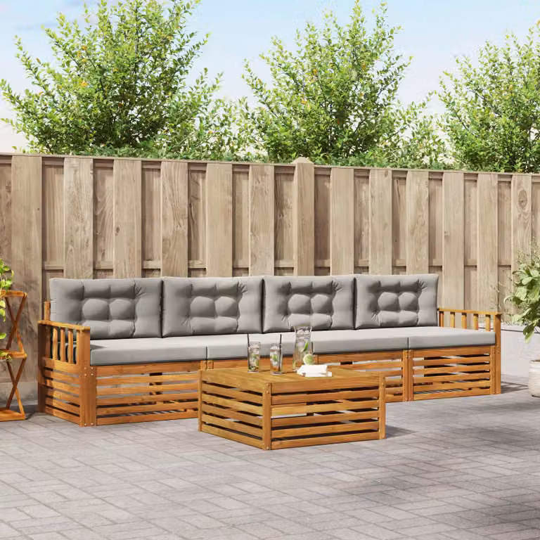 Set di mobili da giardino vidaXL composto da divano a 3 posti, poltrone e tavolino da esterno in legno di acacia con cuscini inclusi, colore grigio e marrone