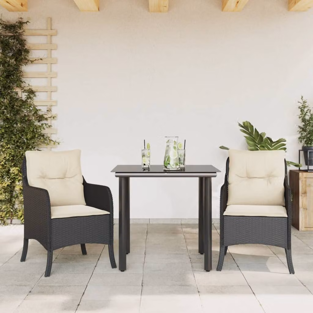 Set da Pranzo da Giardino 3 pz vidaXL in Polyrattan Nero con Cuscini e Piano in Vetro – 1