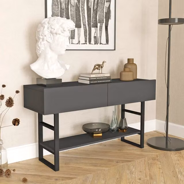 Tavolo Consolle Lappeenranta en.casa Mobile Contenitore con Ante a Ribalta Antracite e Nero L: 139 cm, P: 43 cm, H: 76 cm