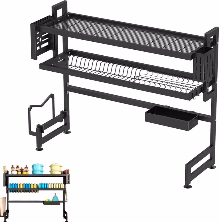 Ripiano per lavello, design salvaspazio, Acciaio al carbonio resistente, nero, L, 2 livelli