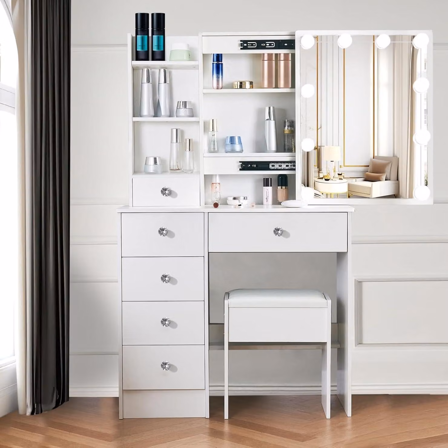 Tavolino da toilette con illuminazione a LED e luminosità regolabile, tavolino da toilette bianco