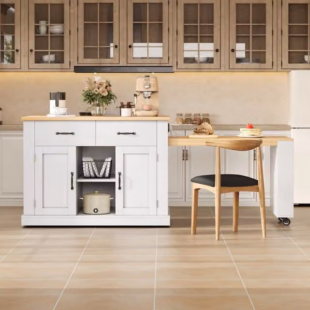 Desviae Carrello da cucina con tavolo estraibile prese e USB 2 ante 2 cassetti 7 ruote bloccabili bianco e rovere