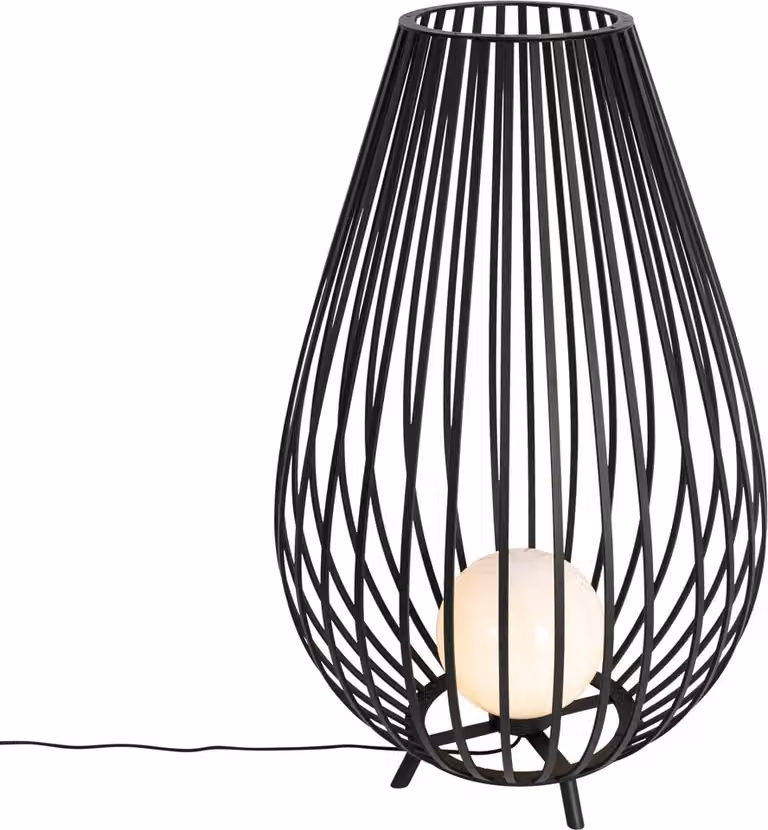 Lampada da terra di design nera con vetro opalino, 110 cm, IP44, Angela