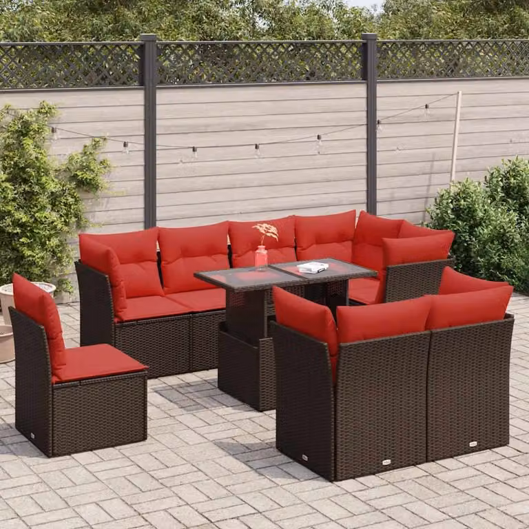 Set di divani da giardino vidaXL 9 pezzi in polyrattan marrone con cuscini e tavolino da esterno a forma di L
