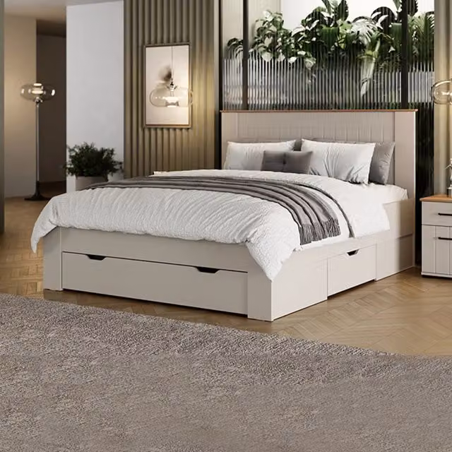 Letto Matrimoniale Moderno DMORA con Cassettiera in Legno e Tessuto, Colore Rovere, L/P/H: 171 x 160 x 115 cm