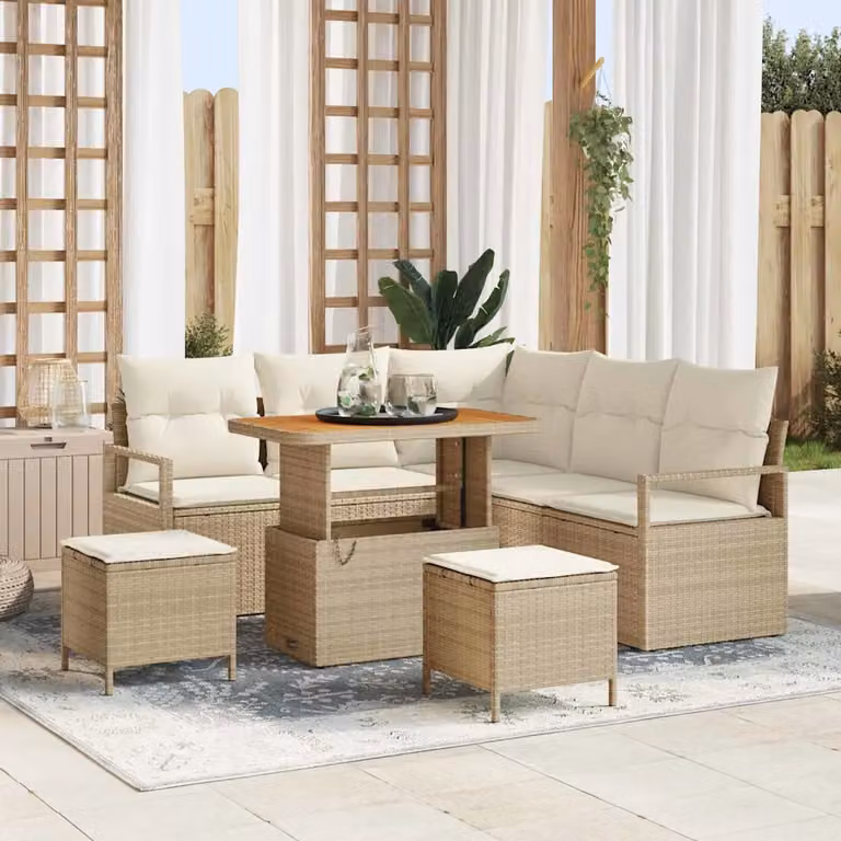 Set Divano da Giardino vidaXL 8 Pezzi a Forma di L Beige con Cuscini e Tavolino