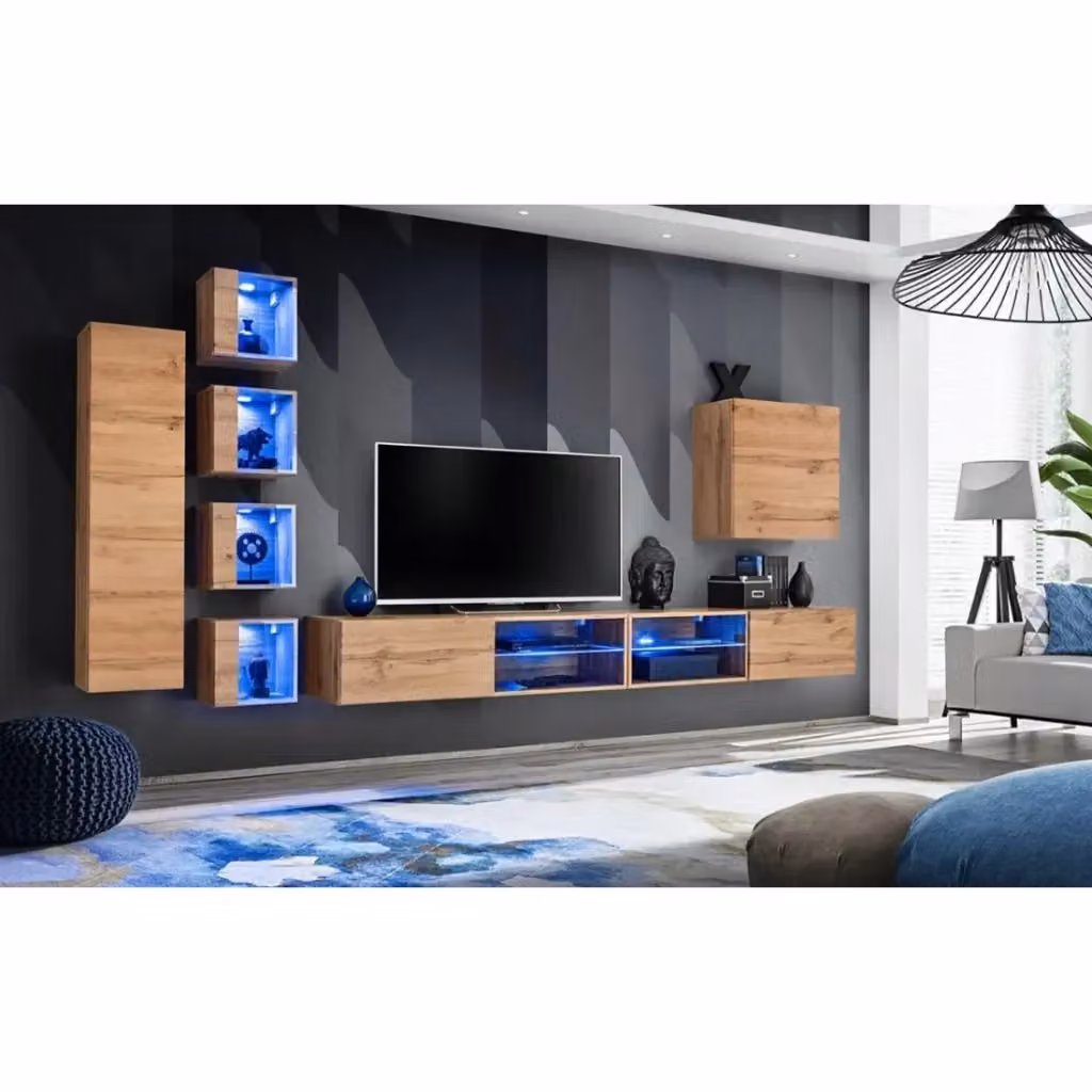 Set di mobili da soggiorno Meublorama SWITCH XXVI in rovere marrone con illuminazione LED integrata e ante in vetro, design moderno – 2