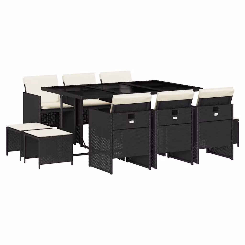 vidaXL Set da Pranzo da Giardino 11 pz in Polyrattan con Piano in Vetro e Cuscini Nero – 2