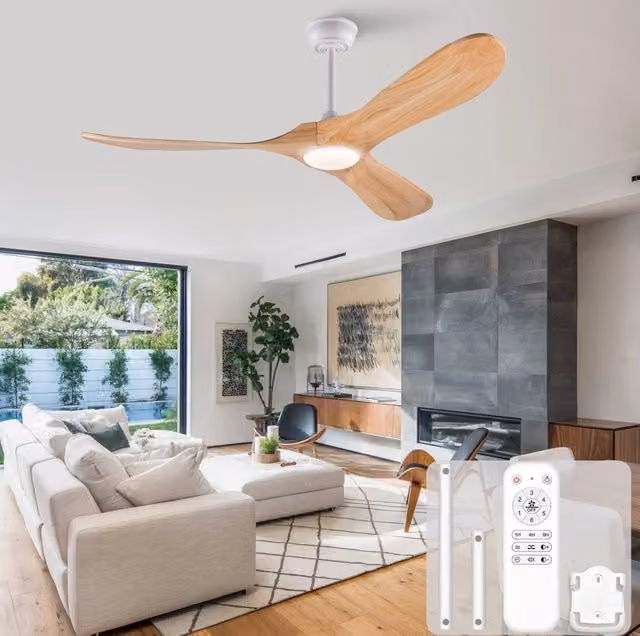 Ventilatore da soffitto MODFU con luce LED, pale in legno e struttura in metallo, bianco e legno, con telecomando e timer
