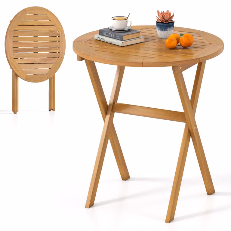 Tavolo da giardino in legno COSTWAY, tavolo in legno resistente alle intemperie, tavolo pieghevole in legno di acacia, tavolo da balcone, tavolo da pranzo rotondo per giardino, balcone, terrazza, 67x67x69,5 cm