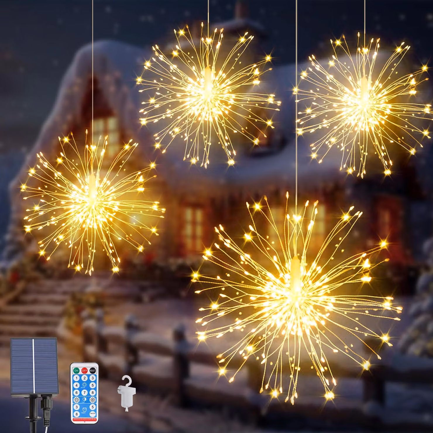 4 luci decorative a energia solare, con 480 LED, 8 modalità, impermeabili, con telecomando