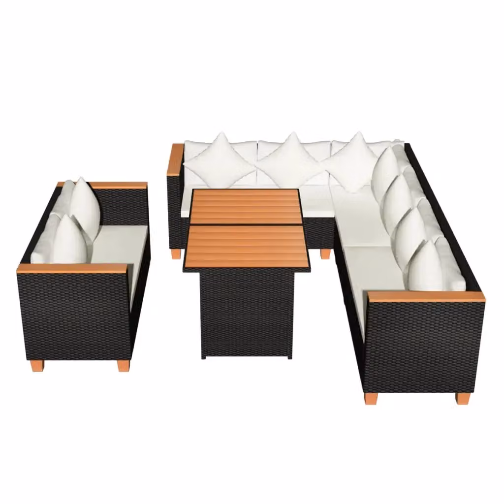 Set di Divani da Giardino vidaXL 5 Pezzi con Cuscini, Forma a L e Tavolino, Polyrattan e Metallo, Nero e Bianco – 2