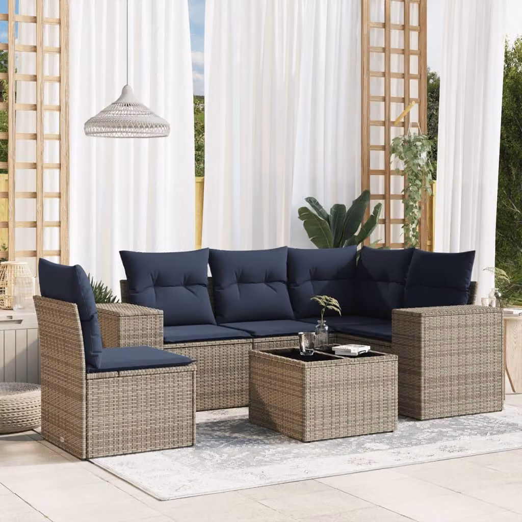 Set da giardino vidaXL in polyrattan 6 pezzi con cuscini grigi e blu, composizione a L con divani, elementi angolari e tavolino da caffè con struttura in metallo