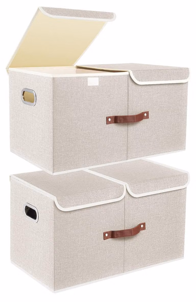 Contenitore di stoccaggio extra grande con scomparti e coperchi, 55x33x30 cm, set da 2, color beige