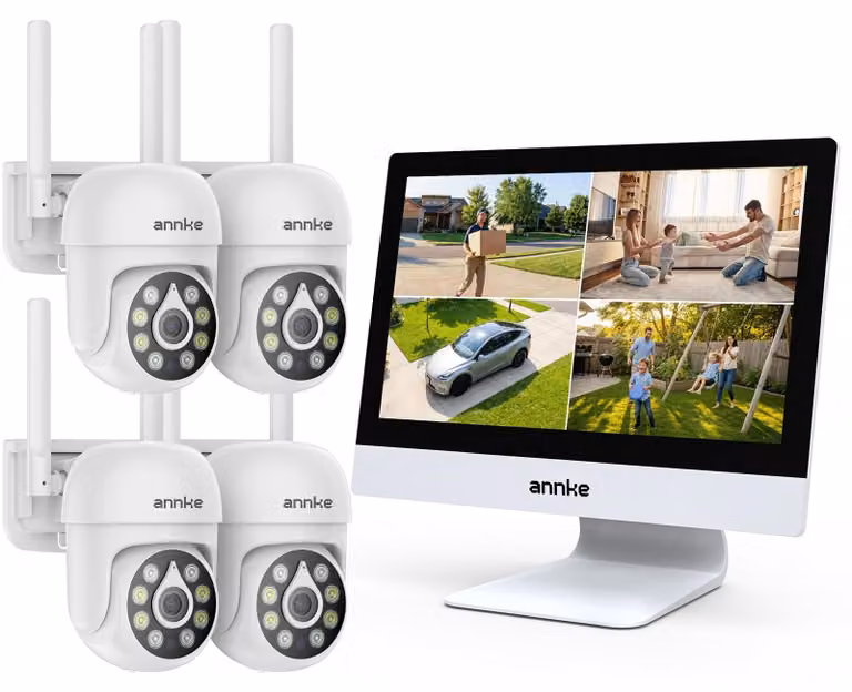 Kit di telecamere di sicurezza per esterni con Wi-Fi - 4 telecamere PTZ da 5 MP - Disco rigido da 500 GB - Bianco
