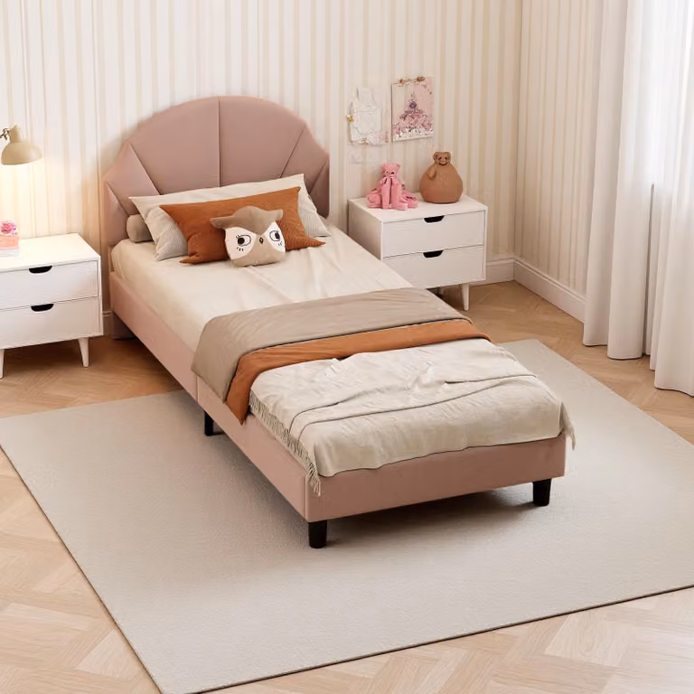 Letto imbottito UnboxG, 90x190 cm, rosa, in velluto, con testiera imbottita regolabile in altezza, struttura in metallo robusta, rete a doghe inclusa, letto singolo, letto per adolescenti, letto per ragazze