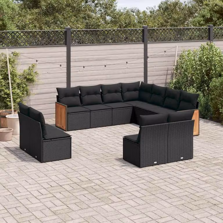 vidaXL Set Divani da Giardino 11 pz in Polyrattan Nero con Cuscini Imbottiti e Rivestimenti Rimovibili