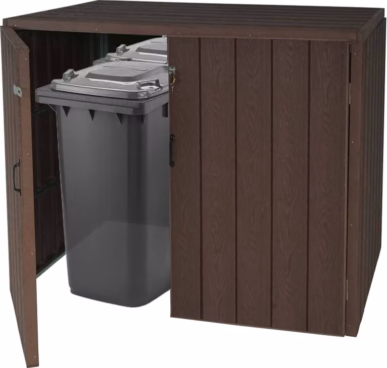 Cestino XL a 2 posti/4 posti in WPC HWC-J28, contenitore per rifiuti di prima qualità, aspetto legno metallo, espandibile ~ marrone