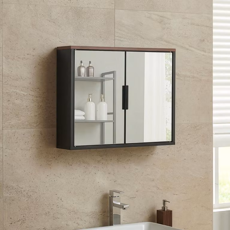 Armadietto a specchio "Trond" con 2 ante, da appendere a parete, 50 x 60 x 15 cm, nero / effetto noce