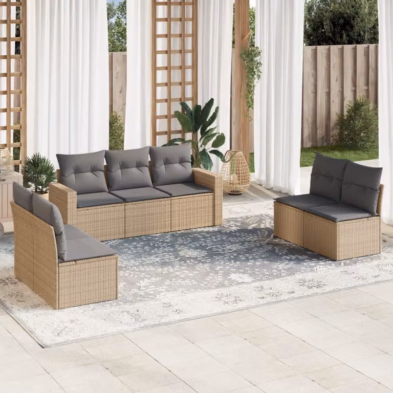 vidaXL Set Divani da Giardino 7 pz a Forma a L con Cuscini Beige e Struttura in Metallo e Polyrattan