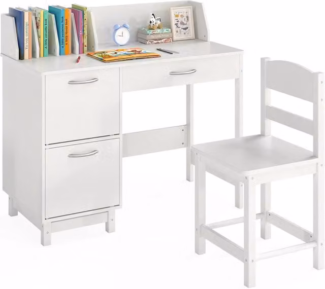 Set Scrivania e Sedia per Bambini in Legno di Pino Postazione Studio con Cassetto e Vani Portaoggetti Bianco per Cameretta