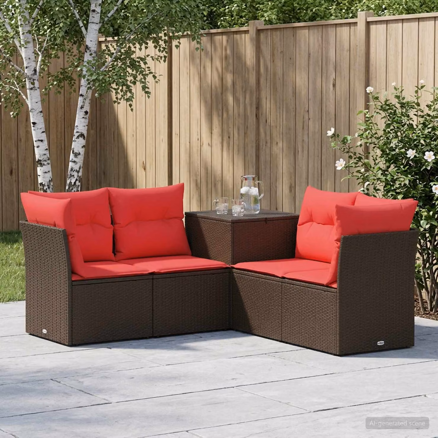 Set di divani da giardino vidaXL a forma di L con 5 pezzi in rattan sintetico e metallo, colore marrone e rosso