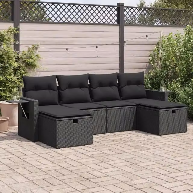Set Divano da Giardino 6 pz con Cuscini Nero in Polyrattan 3325521