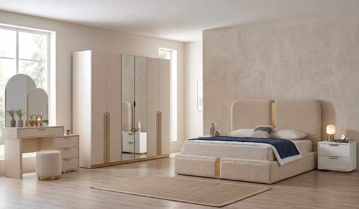 Camera da letto completa comprensiva di letto, comodini e armadio design