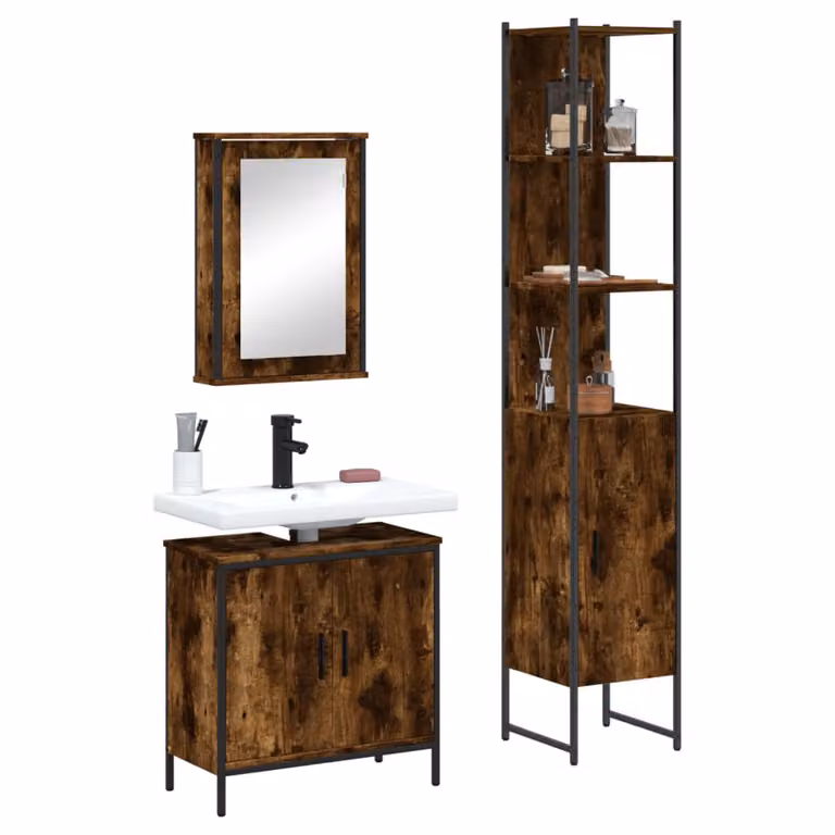 Set di mobili da bagno vidaXL 3 pezzi in legno rovere marrone con specchio e armadietto sospeso in stile industriale