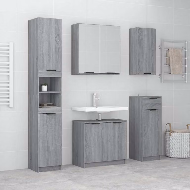 Set di mobili da bagno vidaXL 5 pezzi in legno multistrato grigio con specchio e illuminazione LED