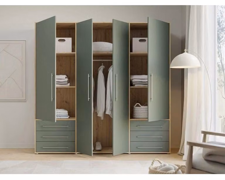 Armadio da camera - MOKKARO - Decorazione Verde Salvia e Rovere - 4 ante battenti - 6 cassetti - L205,9 x P53 x H200 cm