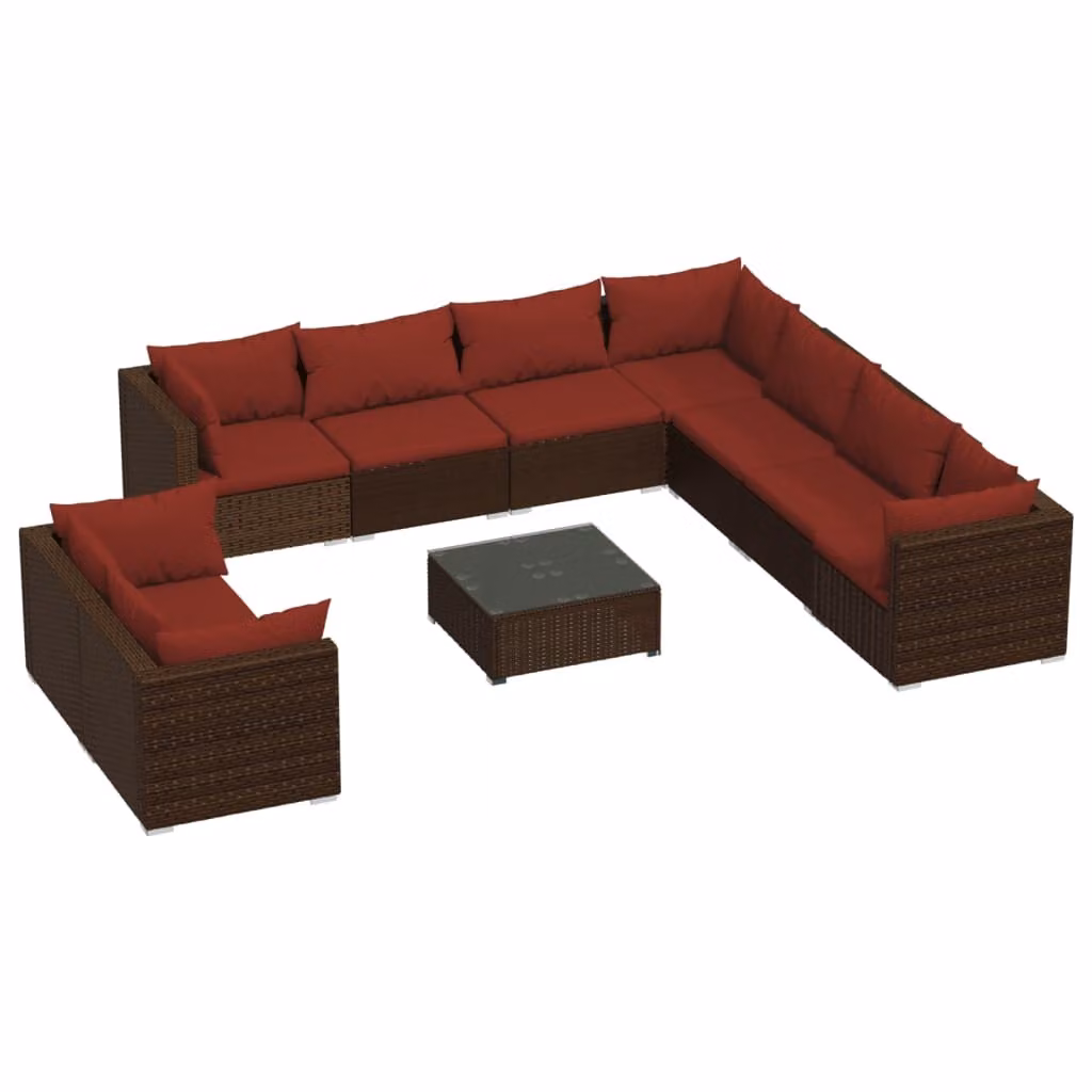 Set Divani da Giardino 10 pz con Cuscini in Polyrattan Marrone