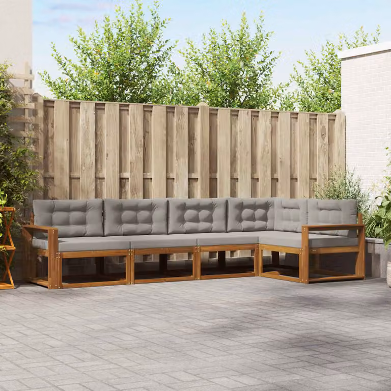 Set di divani da esterno vidaXL a forma di L in legno di acacia con cuscini, marrone e grigio