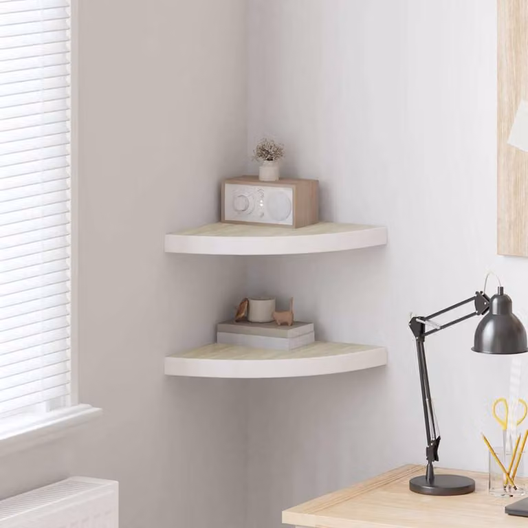 Set di 2 mensole angolari vidaXL in MDF e metallo, colore rovere e bianco, L/P/H: 35 x 35 x 3,8 cm