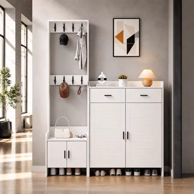 Mobile guardaroba da ingresso bianco in MDF con 2 ante, 2 cassetti, 6 ripiani e 8 ganci, L: 125 cm, P: 36 cm, H: 165 cm