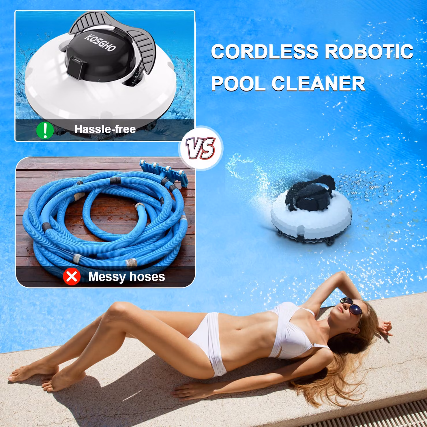 Pulitore a batteria per piscine - Robot automatico bianco con doppio motore, ideale per l'autopulizia di piscine poco profonde