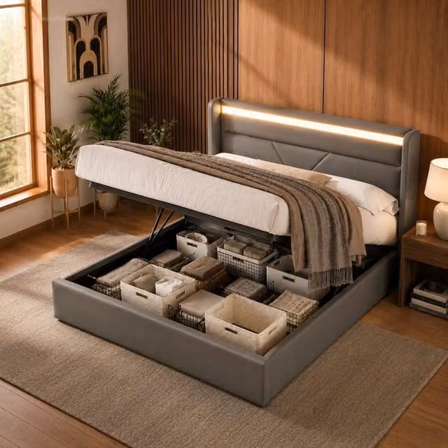 Letto contenitore idraulico – 140x200 cm – LED telecomando – velluto grigio