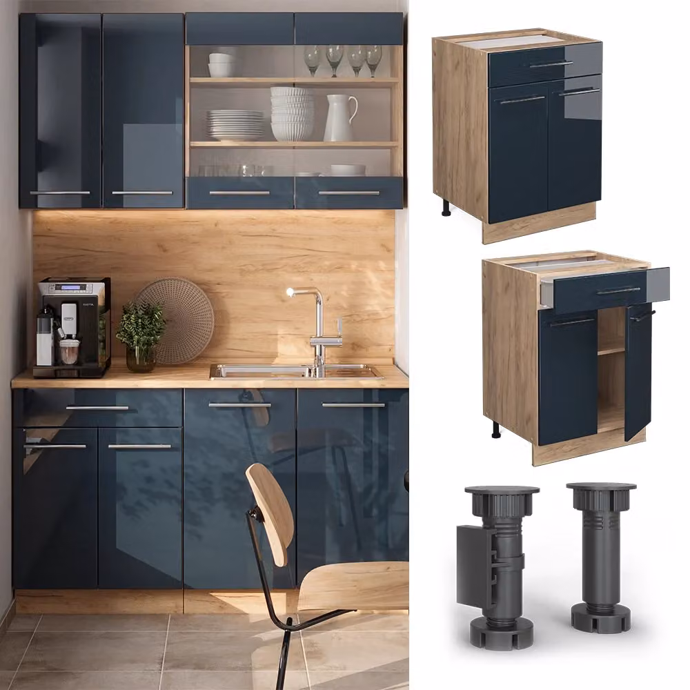Mobiletto base per cucina Vicco Fame-Line Blu scuro lucido e Rovere dorato con cassetto, larghezza: 60 cm, senza piano di lavoro – 2