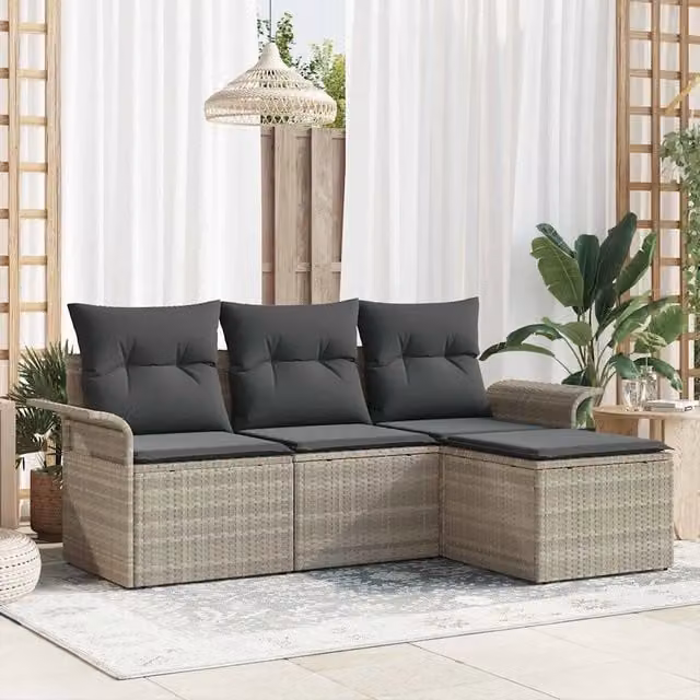 Set Divano da Giardino a L con Ottoman vidaXL Grigio, 4 Pezzi in Polyrattan con Cuscini Inclusi – 1