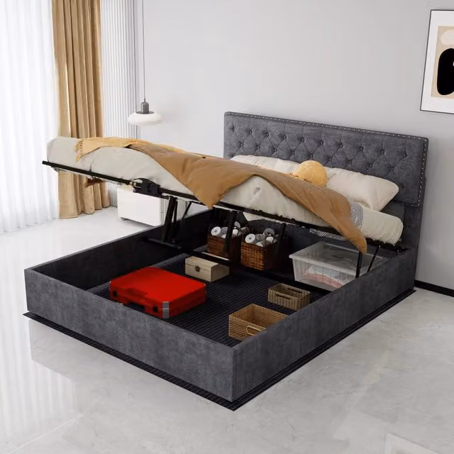 Letto imbottito matrimoniale 160×200 cm con testiera alta e rivetti, materasso incluso, tessuto grigio