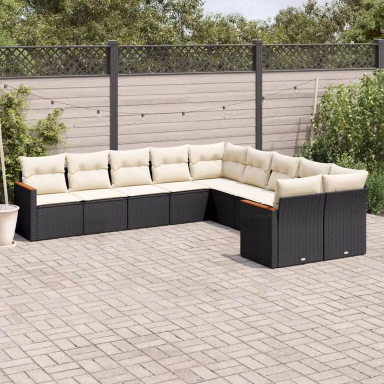 Set di divani da giardino vidaXL in polyrattan nero con cuscini e struttura in acciaio verniciato a polvere