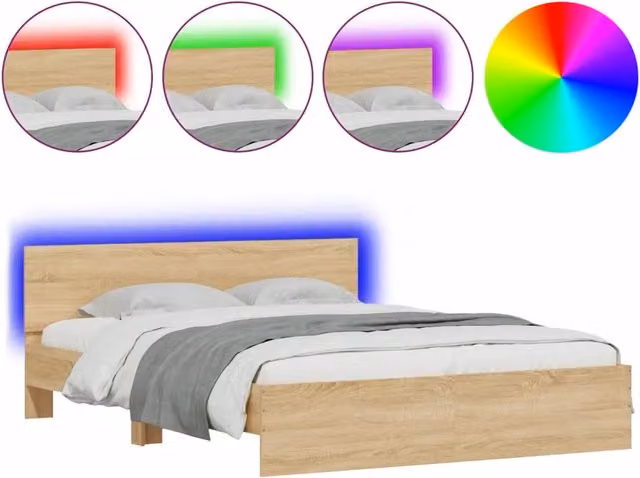 Letto matrimoniale | Letto per adulti | Giroletto con Testiera e LED Rovere Sonoma 160x200 cm