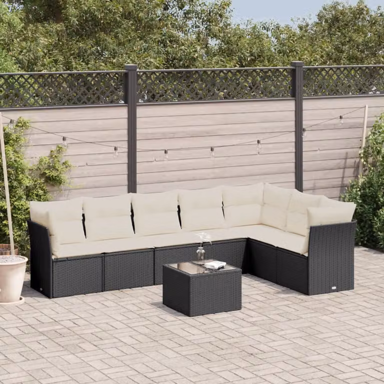 vidaXL Set Divani da Giardino a L con Cuscini 8 pz in Polyrattan Nero e Bianco con Tavolino da Esterno