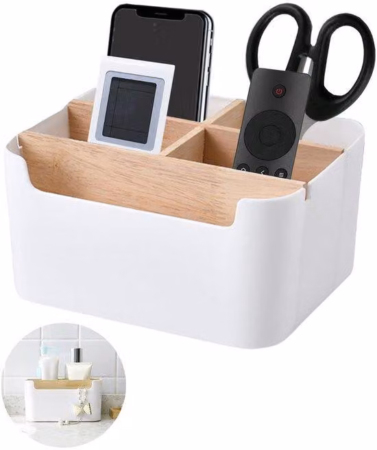Organizzatore da scrivania in legno - 5 scomparti - Set creativo - 18 x 14,3 x 9,5 cm - Realizzato in legno - Organizzatore per cosmetici e articoli da scrittura