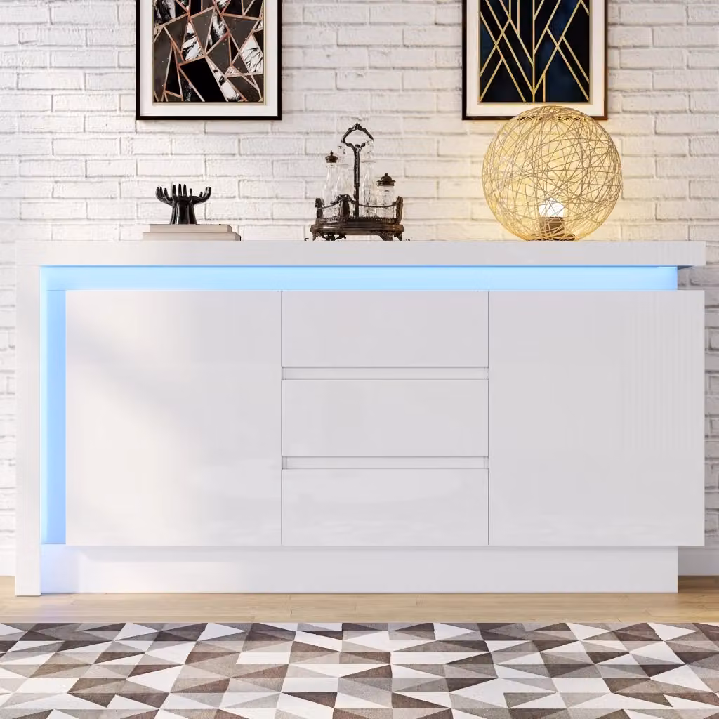 Madia moderna Mivray per soggiorno con 2 ante, 3 cassetti, ripiani regolabili e illuminazione LED, bianca lucida, L: 140 cm, P: 35 cm, H: 72 cm – 2