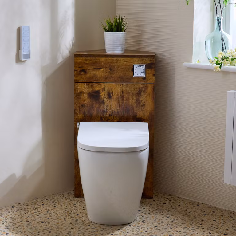 Mobile WC angolare Rovere Scuro con smart toilet Hirayu, sanitario + bidet integrato, pulsante cromato - Cluo