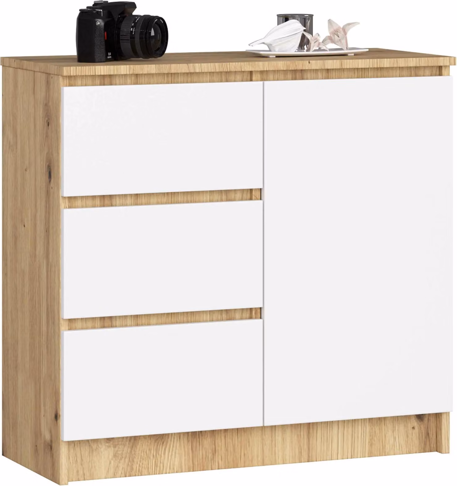 Comò K80 JERRY in rovere artisanale e bianco con 3 cassetti e spazio di archiviazione